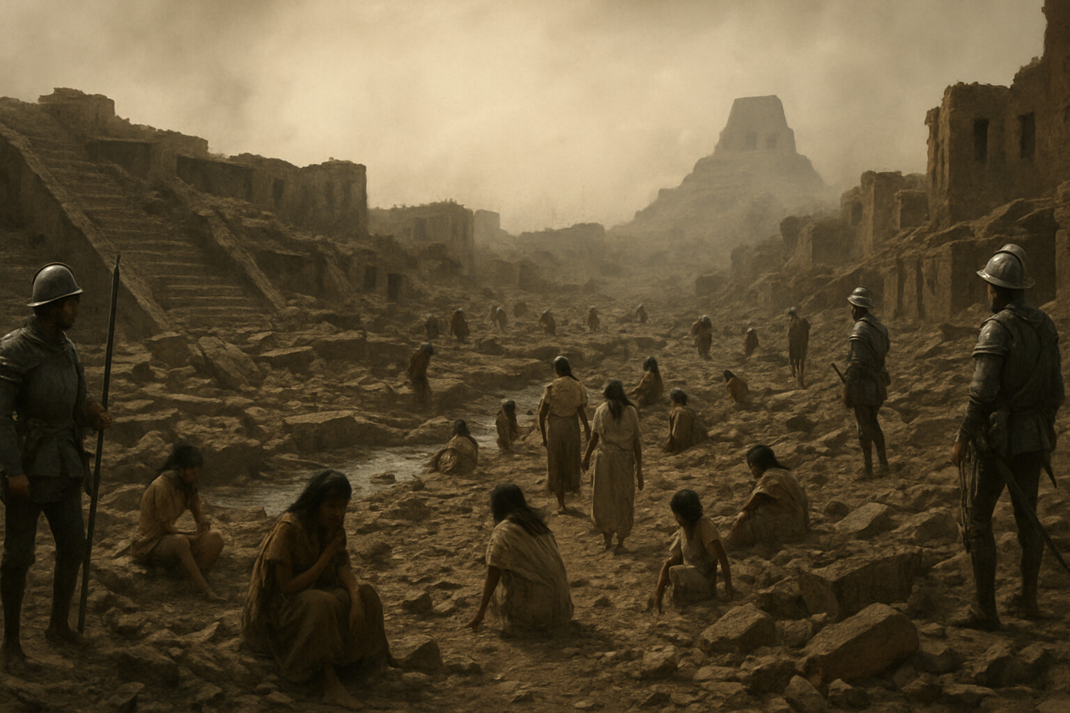 Aftermath and record scene: the ruins of Tenochtitlan after the siege — former palaces and temple platforms reduced to rubble, survivors moving through the devastation, Spanish soldiers overseeing the scene.