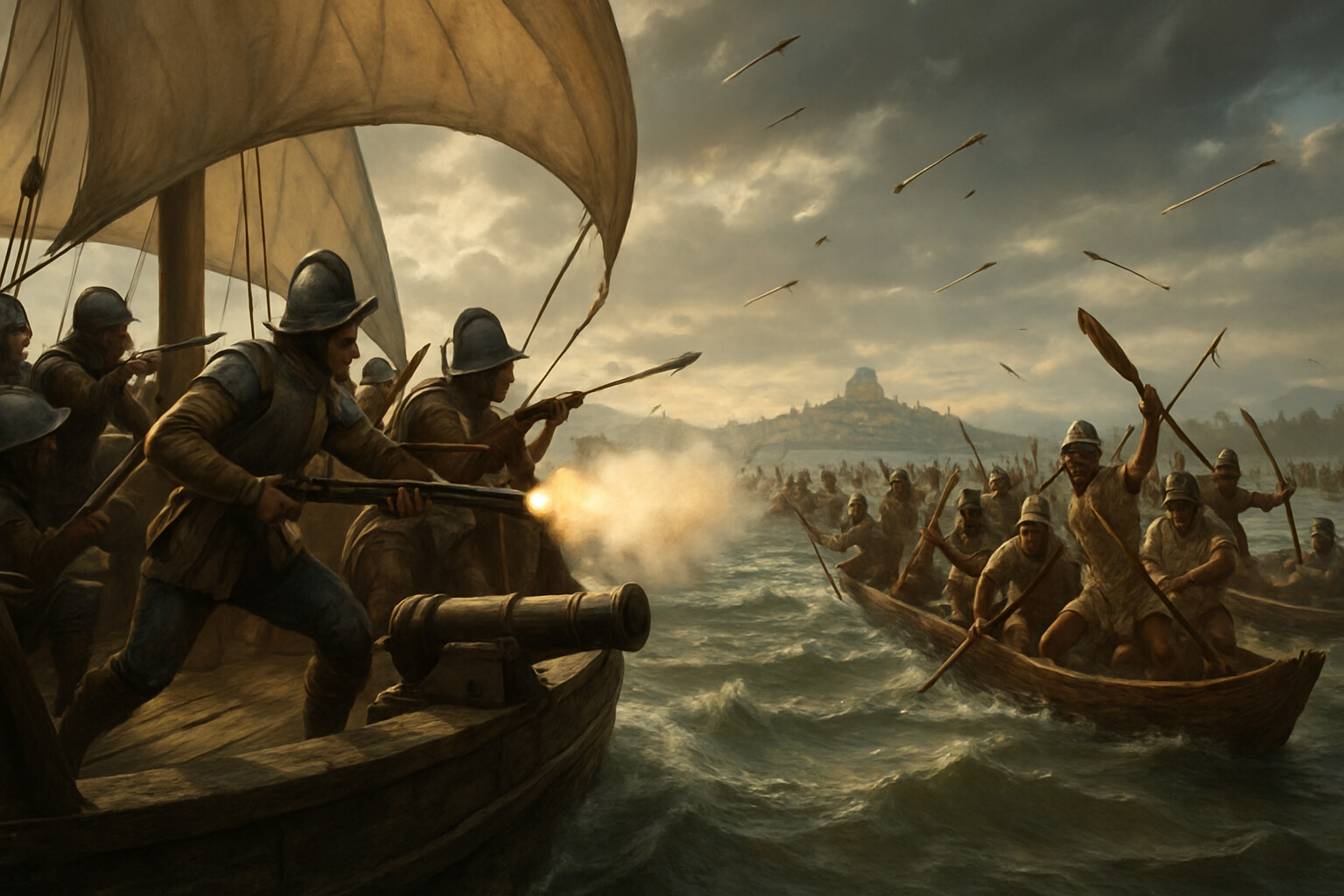 Brigantine lake battle: Spanish brigantines engaging Aztec war canoes on Lake Texcoco in a decisive naval engagement that determined control of the lake and the fate of the siege.