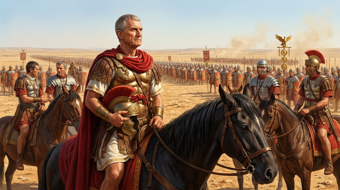 Portrait and context panel: Marcus Licinius Crassus, older Roman commander in proconsular armor, on horseback among his command staff on the Harran plain, with the Roman column visible stretching behind him—establishing his status, age, and the scale of the force.