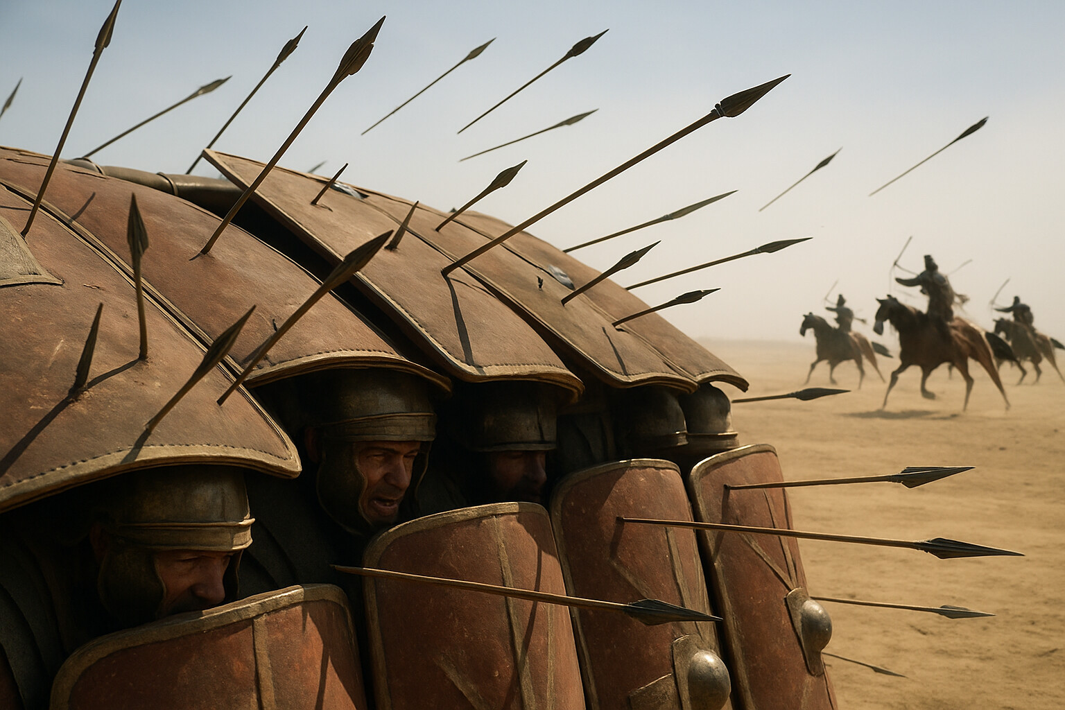 Action panel: The Roman testudo formation under sustained Parthian archery fire—men locked shields overhead and outward in the tortoise formation while arrows slam into the shields from multiple directions, and the Parthians circle at range.