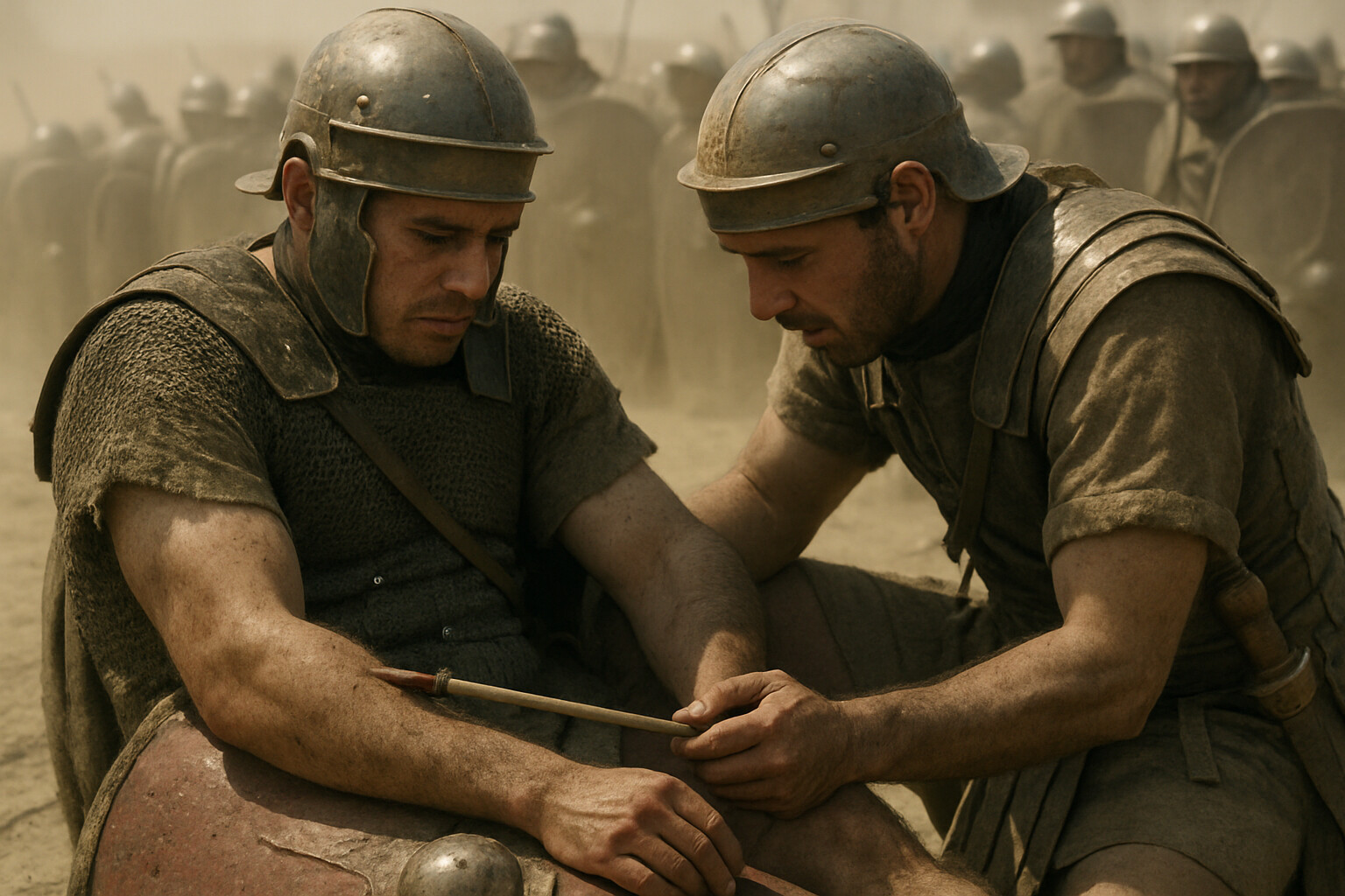 Human cost panel: An intimate scene—a Roman legionary, wounded by an arrow through his shield-arm, sitting against his scutum propped against the ground while a fellow soldier attempts field care, the battle still audible around them but this moment quiet and individual.
