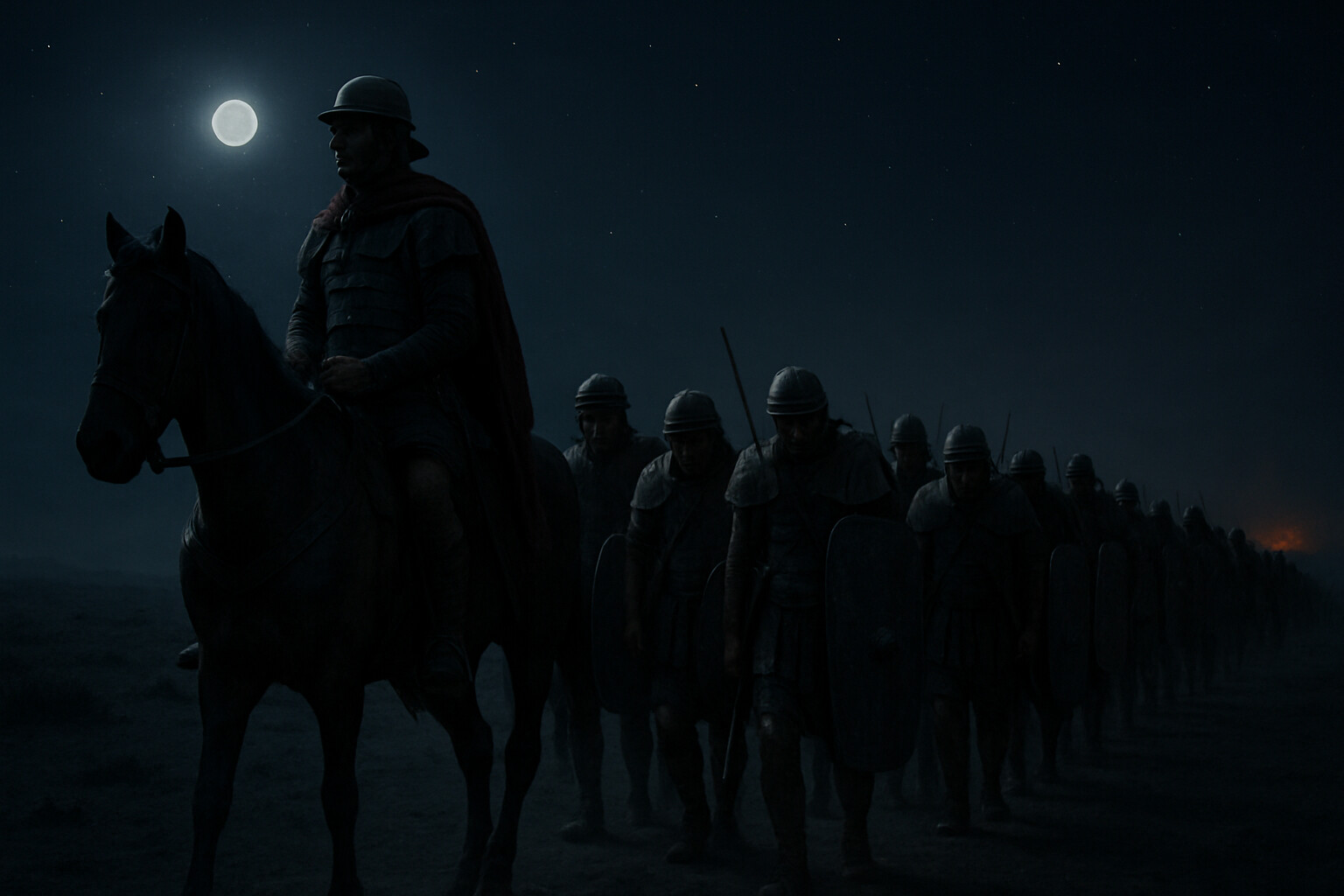 Aftermath and record panel: Roman survivors—ragged, exhausted, some wounded—making a night march across the dark desert plain in a column, led by an officer on horseback, escaping toward Syria after the collapse of the main force.