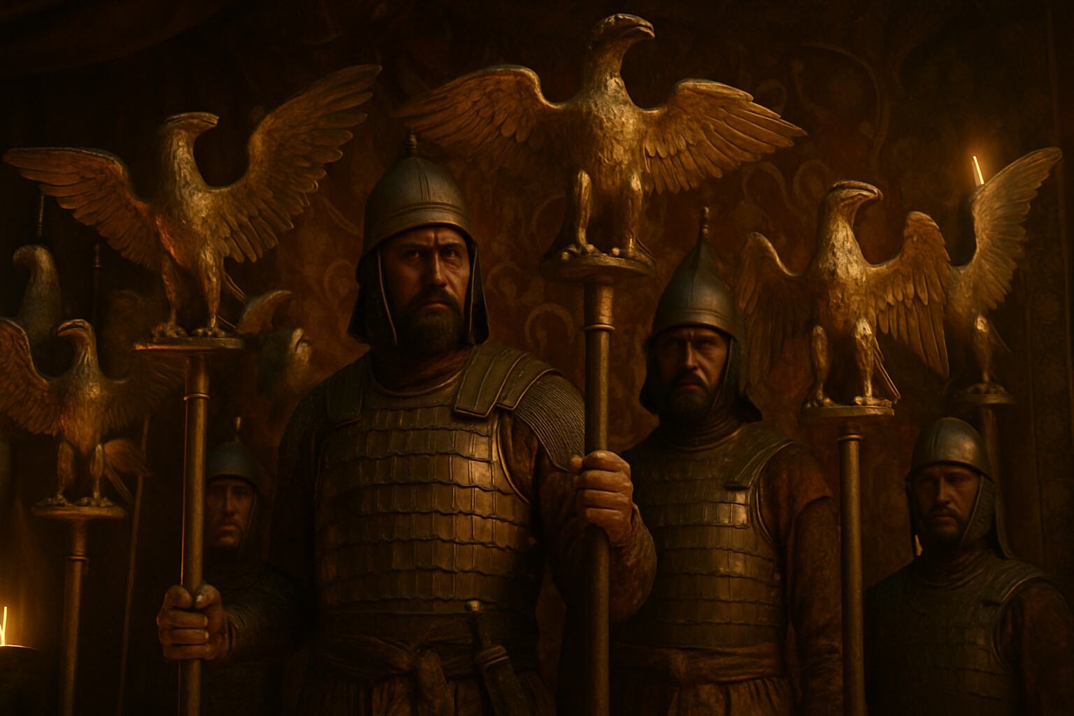Legacy panel: The Roman legionary eagle standards displayed in the Parthian court or camp—the captured Roman aquilae, representing the taken symbols of the destroyed legions, held by Parthian soldiers in a scene of quiet, enormous consequence.