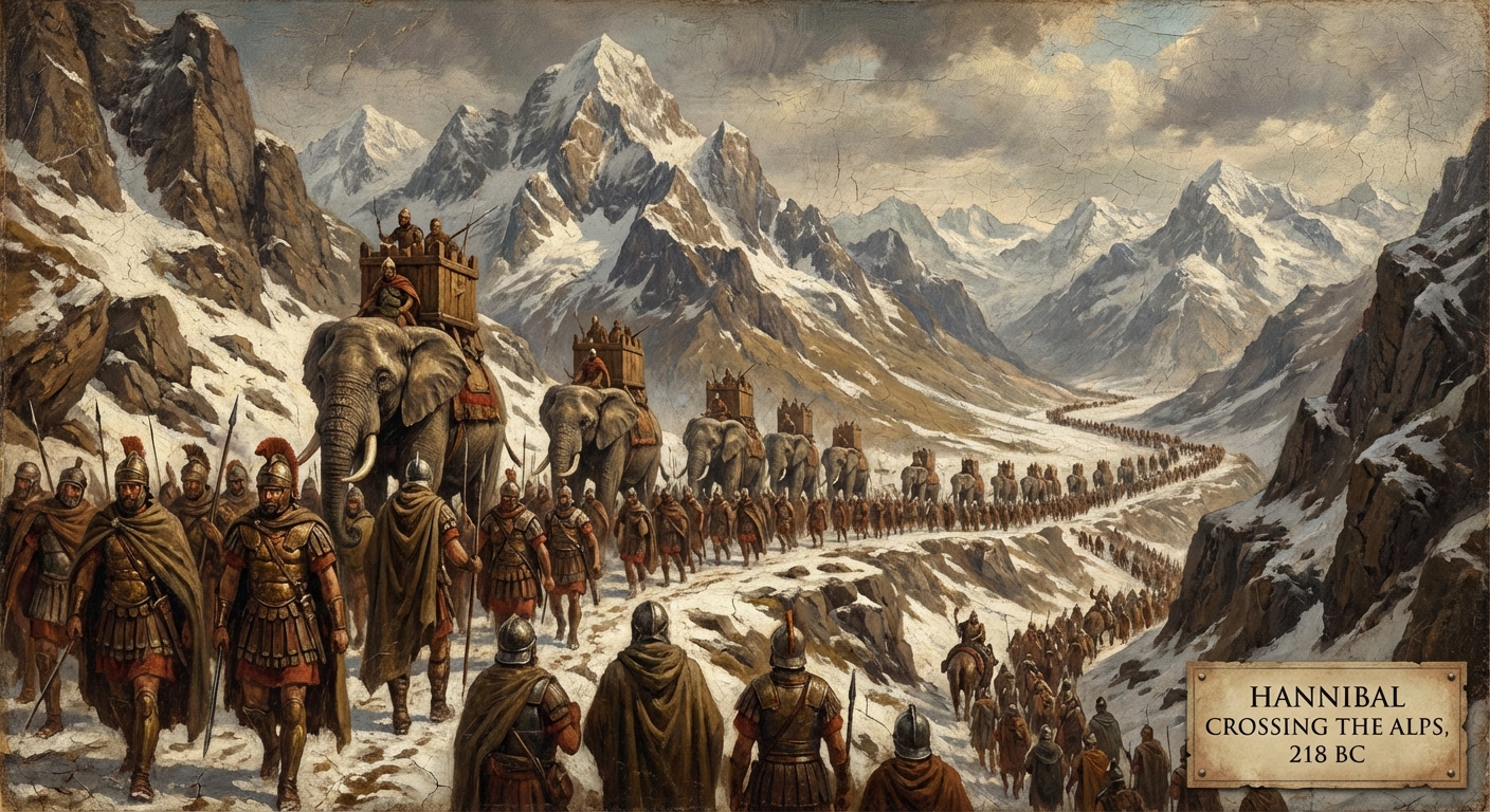 Hannibal's war elephants crossing the Rhone River on rafts
