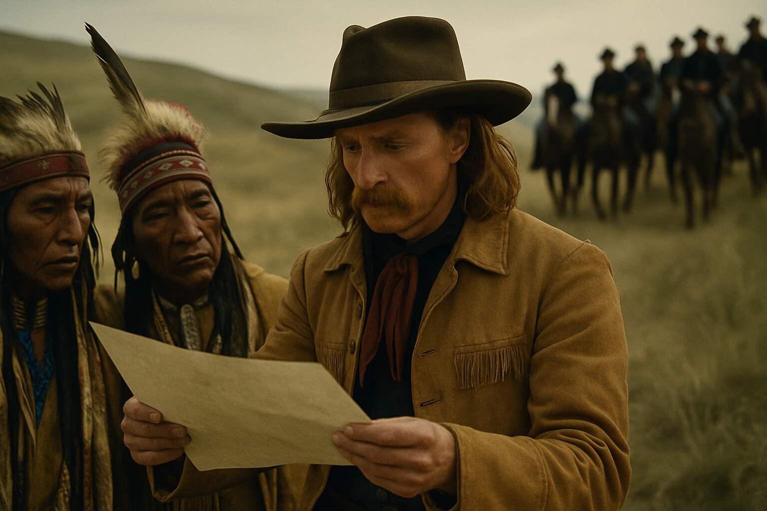 Context portrait: George Armstrong Custer in the field, early on June 25, 1876. He is studying terrain or a map with his scouts—Crow scouts in traditional dress beside him. He is in buckskin jacket, not full uniform. His characteristic long hair. The column of cavalry stretches behind him. He looks confident, focused.