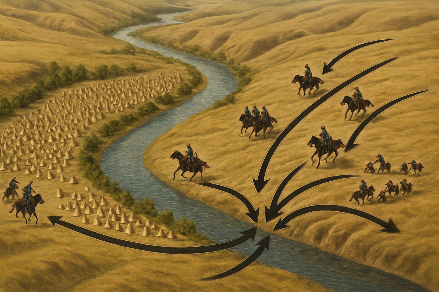 Tactical map visual: A bird's-eye illustrated map of the Little Bighorn battlefield showing the river, the village, and the four separated segments of the 7th Cavalry—Custer, Reno, Benteen, and pack train—with movement arrows showing their routes. Clear, schematic, visually striking.