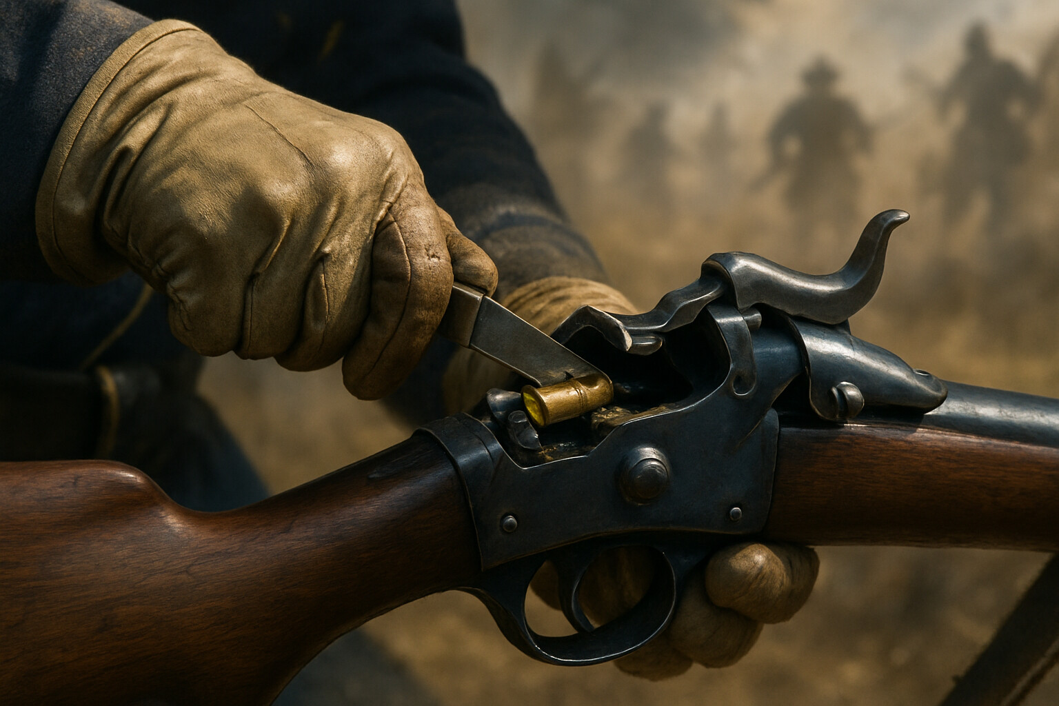 Equipment detail: Close-up of a 7th Cavalry trooper's hands working the trapdoor mechanism of the Springfield Model 1873 carbine, the extractor having torn through a spent brass case that is now stuck in the chamber. His expression conveys urgency. In the background, blurred combat noise implied by smoke and movement.