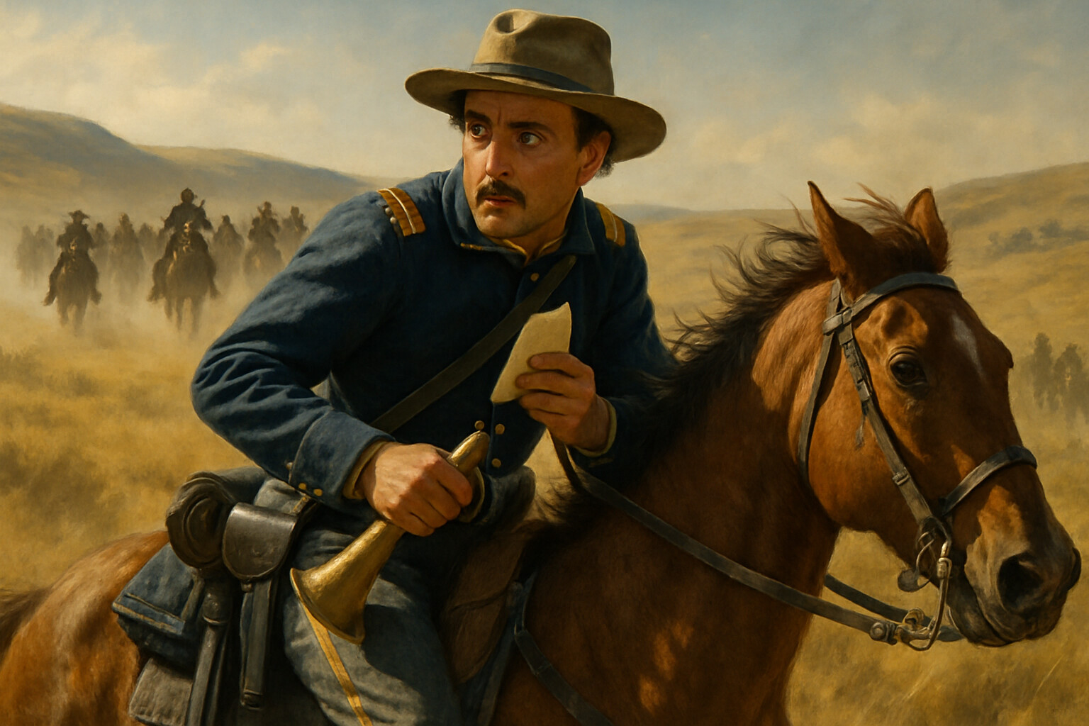 Human intimacy: Trumpeter John Martin (Giovanni Martini) riding hard away from Custer's column on horseback, clutching a folded piece of paper—the last message from Custer to Benteen. He looks back over his shoulder at the column he is leaving. The last men he will see alive are receding behind him.