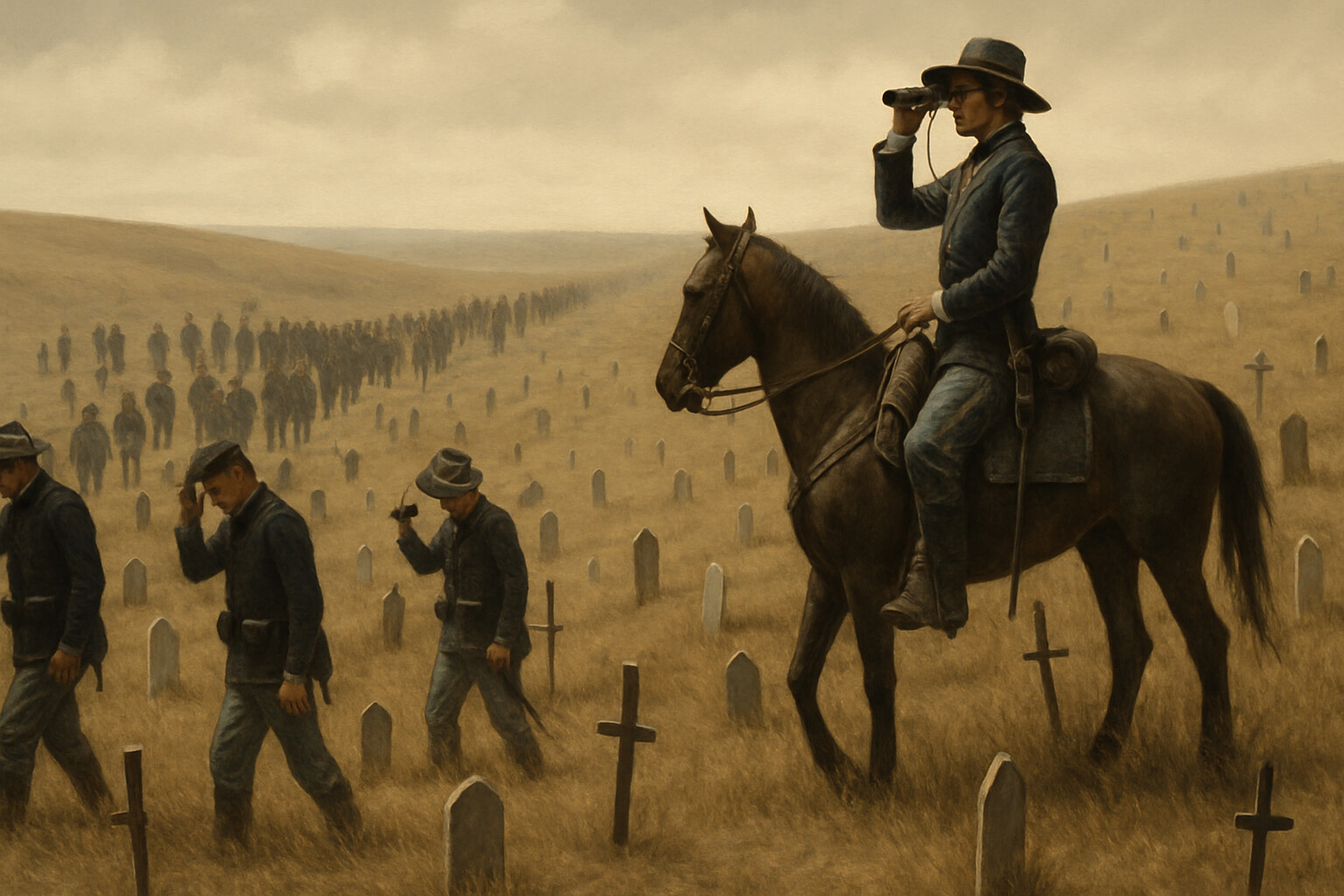 Aftermath and record: General Terry's column arriving at the battlefield two days later, June 27, 1876. Soldiers move through a field of crude grave markers on a dry ridgeline. The scale of the loss is visible in the number of markers stretching across the hillside. The mood is sober, stunned.
