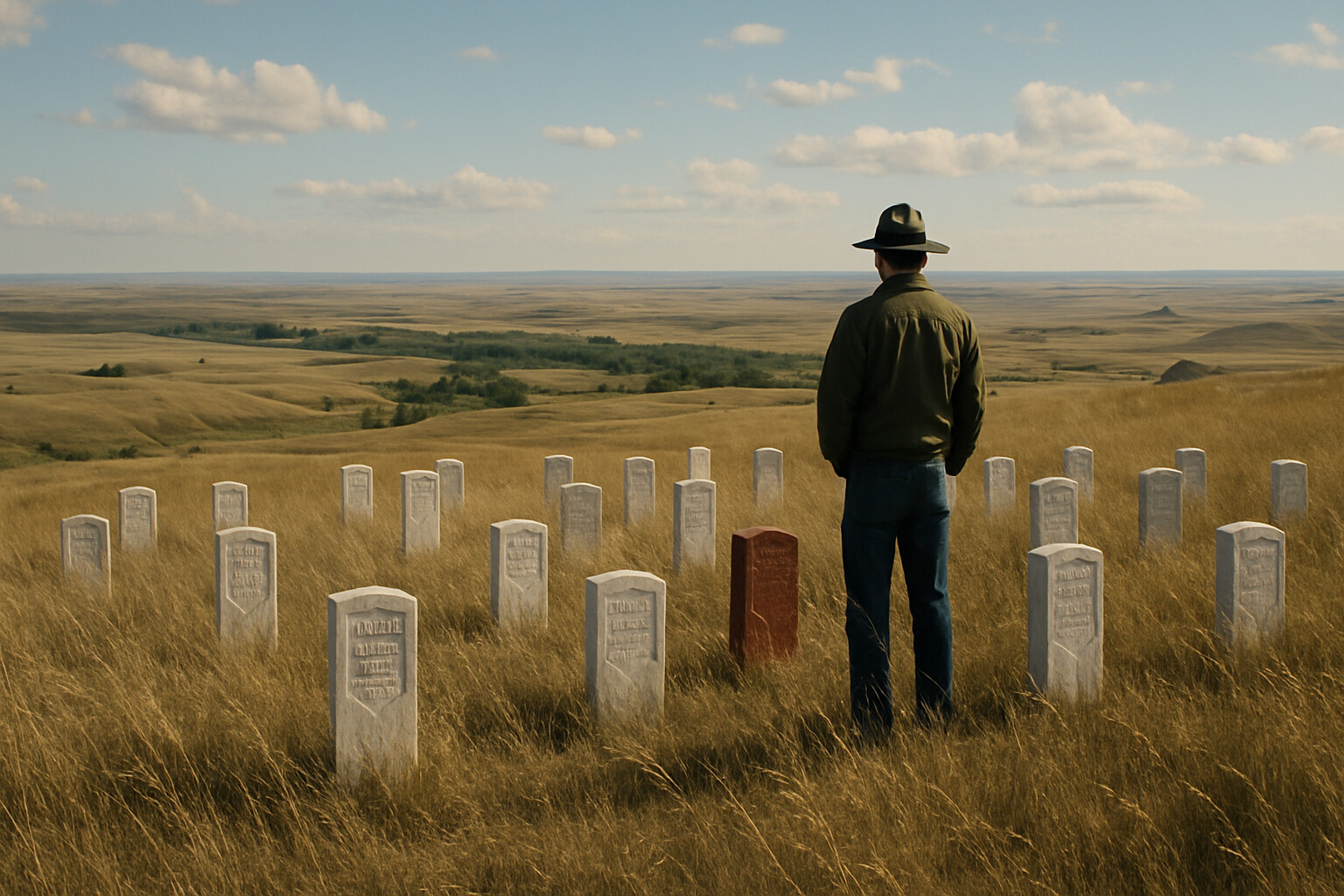 Legacy and living memory: The Little Bighorn Battlefield National Monument today—the marble markers on Last Stand Hill where each man fell, both the white markers for 7th Cavalry dead and the red-granite markers added for Lakota and Cheyenne warriors. Wind moves through the grass. The landscape is vast and quiet. Two traditions of memory inhabit the same ground.