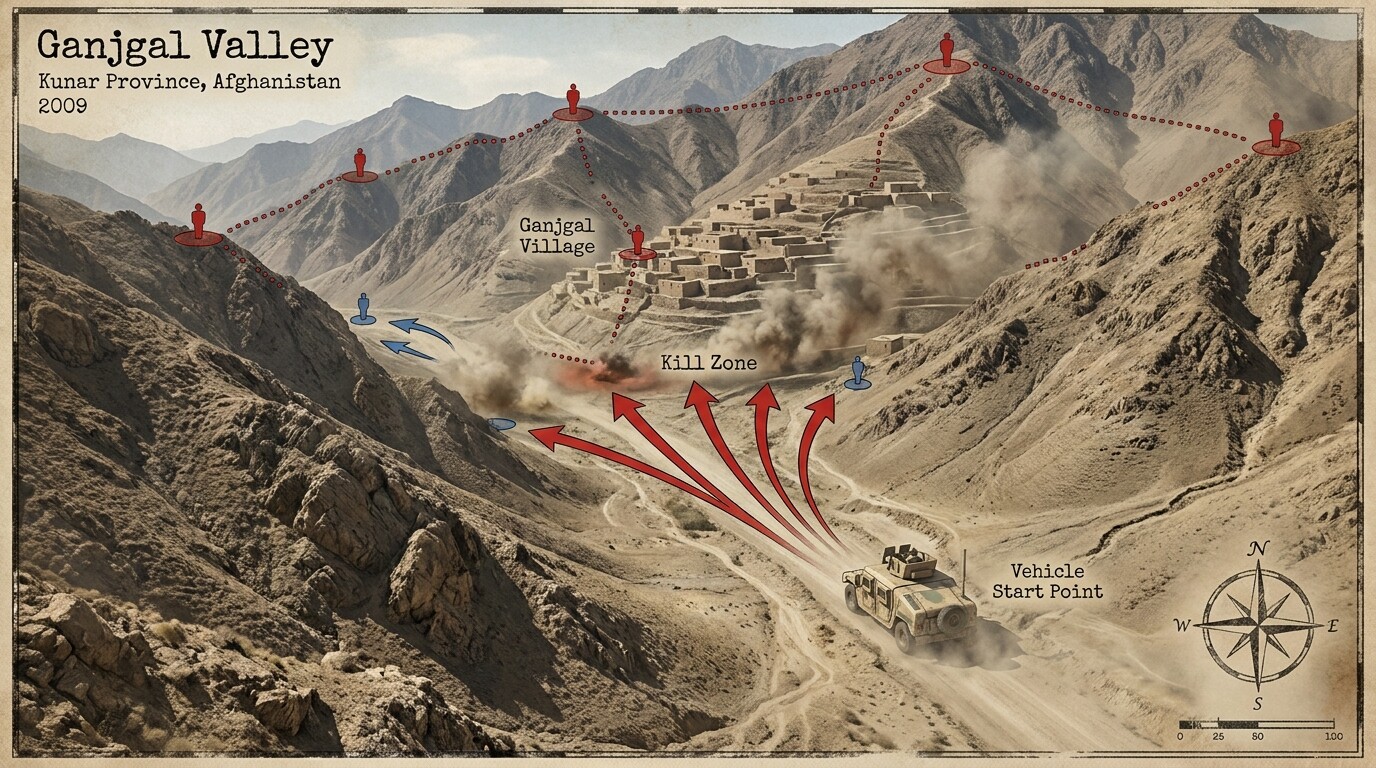 Aerial or elevated map-style perspective of the Ganjgal Valley showing the tactical situation: the narrow valley road, village on the slope, Taliban positions on ridgelines, and the gun truck's route marked with arrows for five runs in and out.