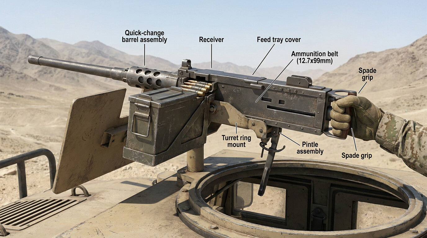 Equipment breakdown panel: the M2 Browning .50-caliber machine gun mounted on a vehicle turret, with labeled components—barrel, receiver, feed tray, ammunition belt, mounting ring—and scale reference from a human hand adjusting the weapon.