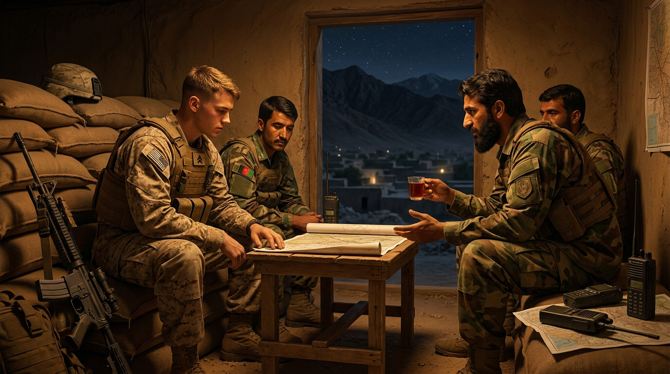 Intimate human scene: a small group of American and Afghan soldiers in conversation at a base in Kunar Province, the night before the Ganjgal mission—the human connection of the advisory team, the quiet before the storm.