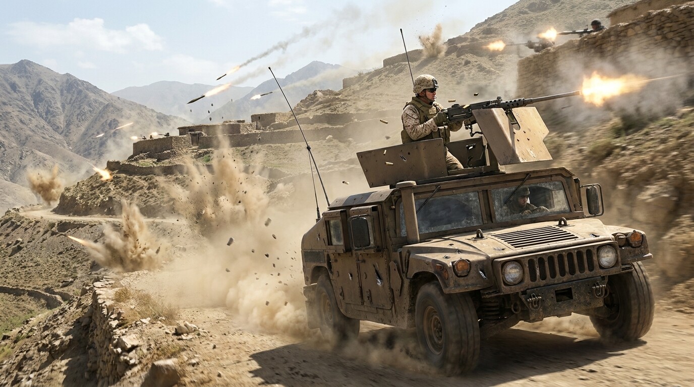 Action peak: the gun truck moving at speed down the valley road under fire—muzzle flashes from ridgelines, rounds impacting around the vehicle, Meyer firing the crew-served weapon from the turret, Rodriguez-Chavez driving, dust and chaos.