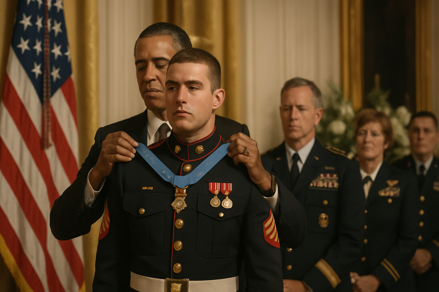 Aftermath and record scene: the official Medal of Honor ceremony at the White House, September 15, 2011—a young Marine Corporal in dress blues receiving the Medal of Honor, the weight of the moment visible in the formality and solemnity of the setting.
