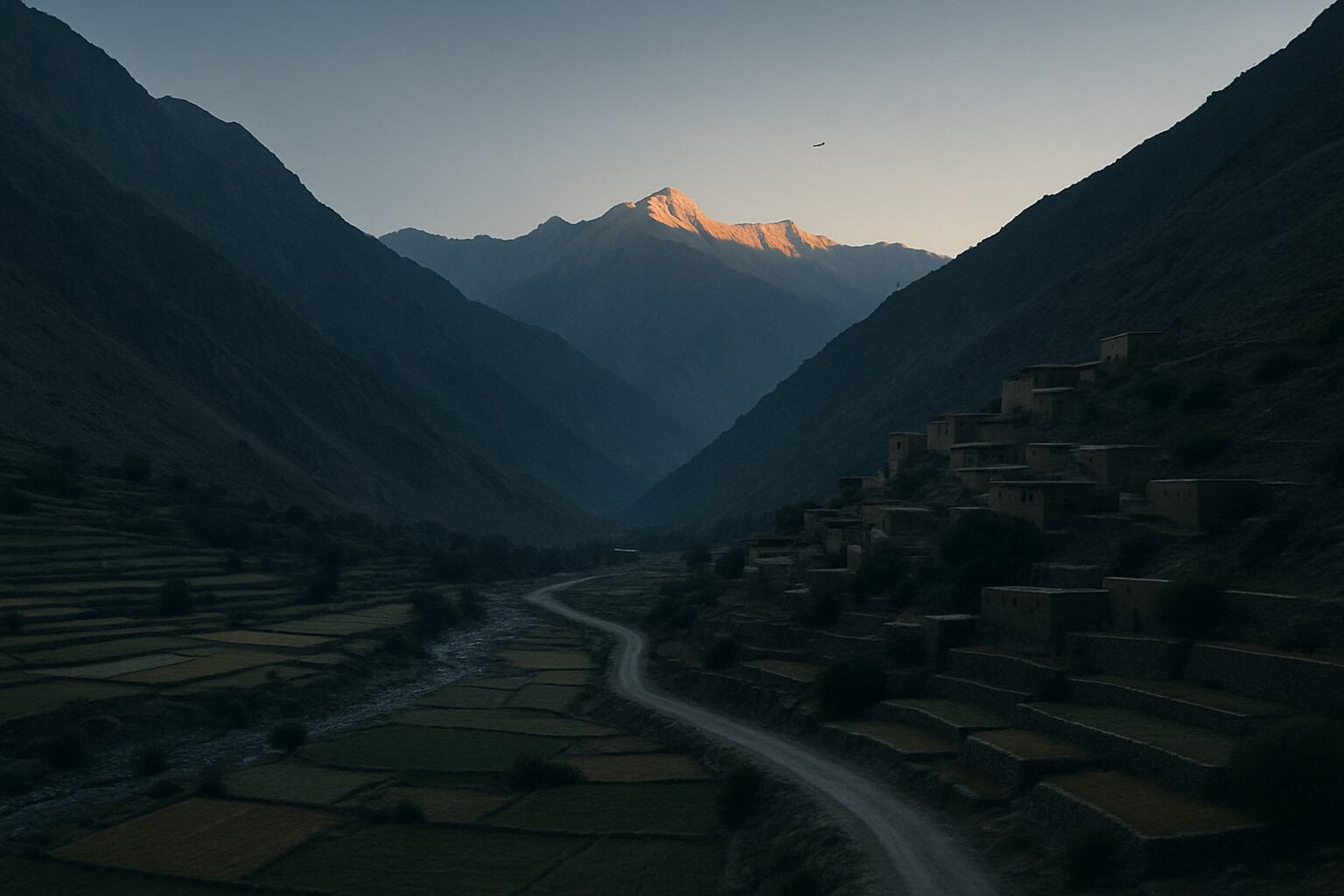 Story-specific visual: a wide landscape shot of the Ganjgal Valley at dawn—the moment just before the ambush, the valley peaceful and still, terraced fields, the village on the slope, the road winding upward, mountain peaks catching first light. The silence before violence.