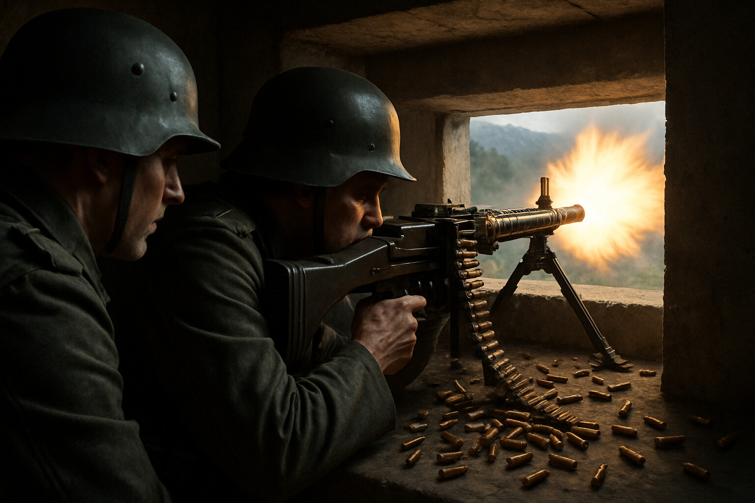 Close-up of German MG42 machine gun crew in their concrete pillbox, firing down at the advancing Americans