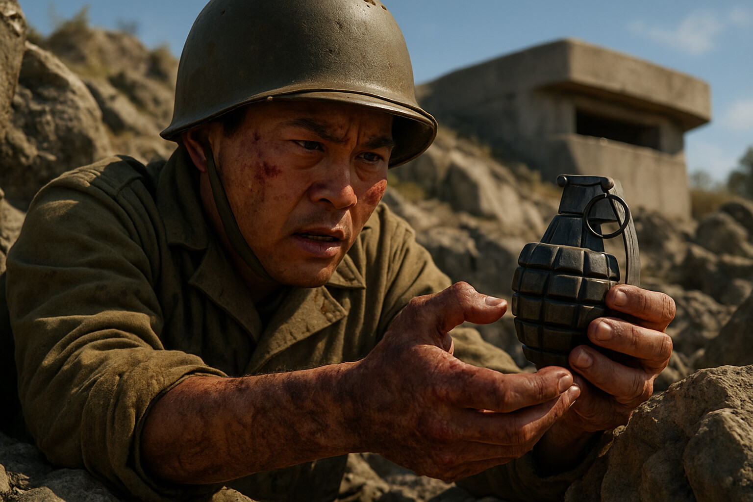 The critical moment when Inouye transfers the live grenade from his severed right hand to his left