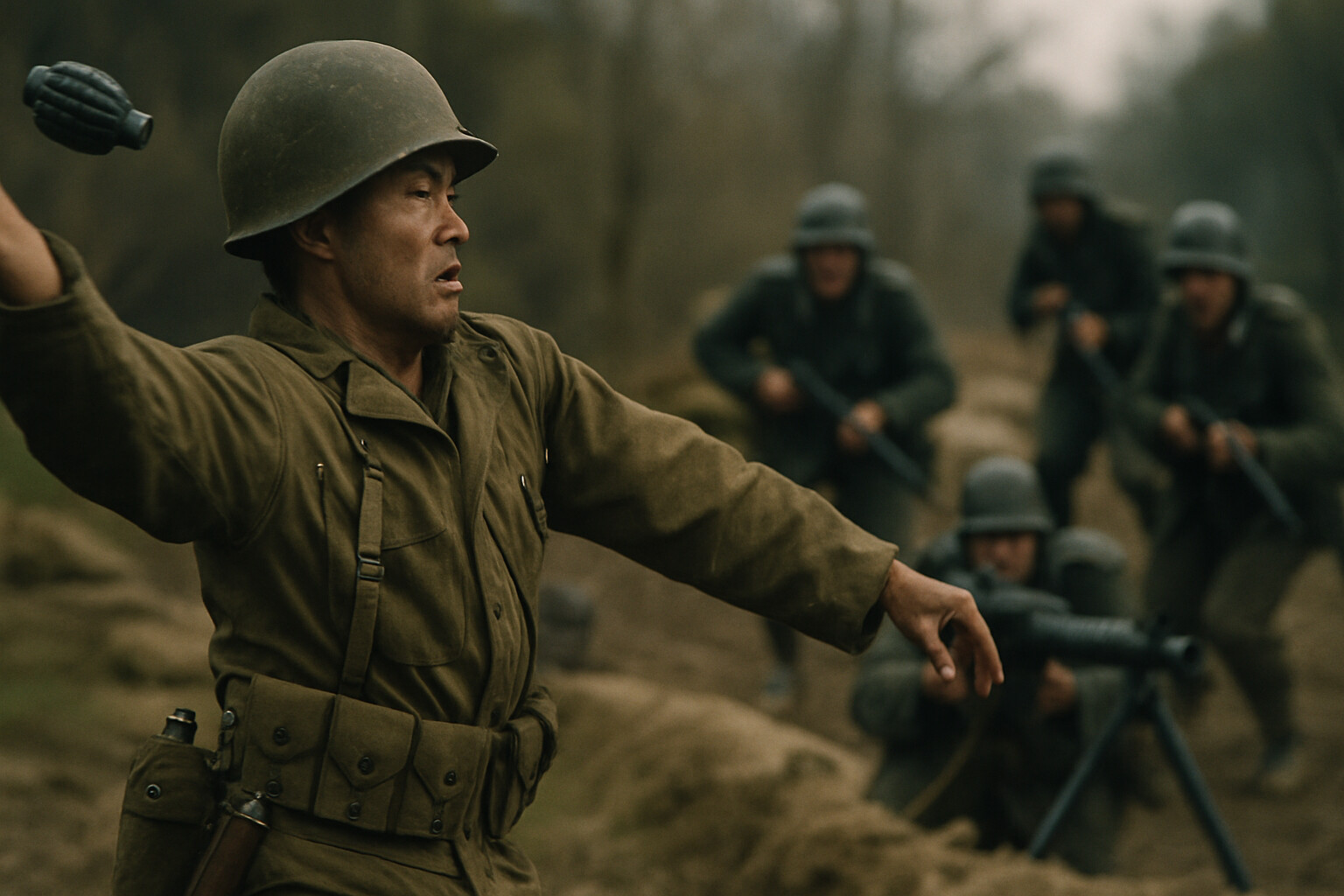 Inouye throwing the grenade left-handed toward the German machine gun position as enemy soldiers emerge