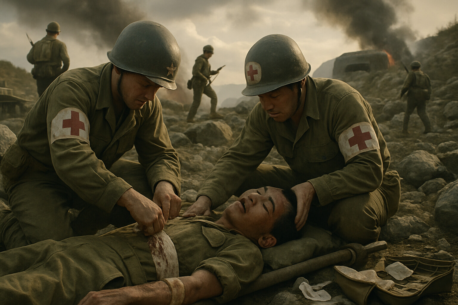 Field medics treating Inouye's wounds on the battlefield after the successful assault