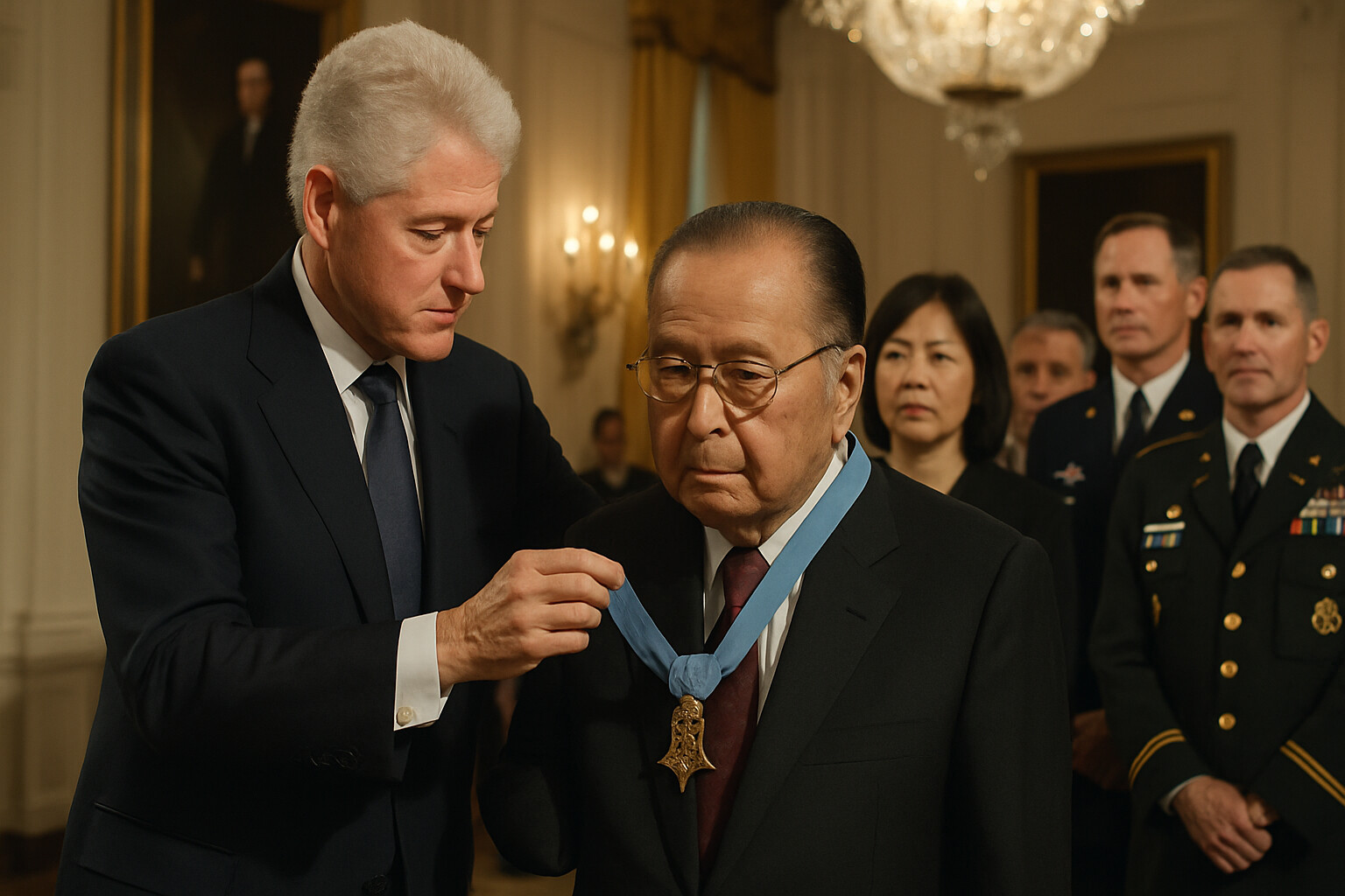 President Clinton presenting the Medal of Honor to elderly Senator Inouye in 2000, showing the long journey to recognition