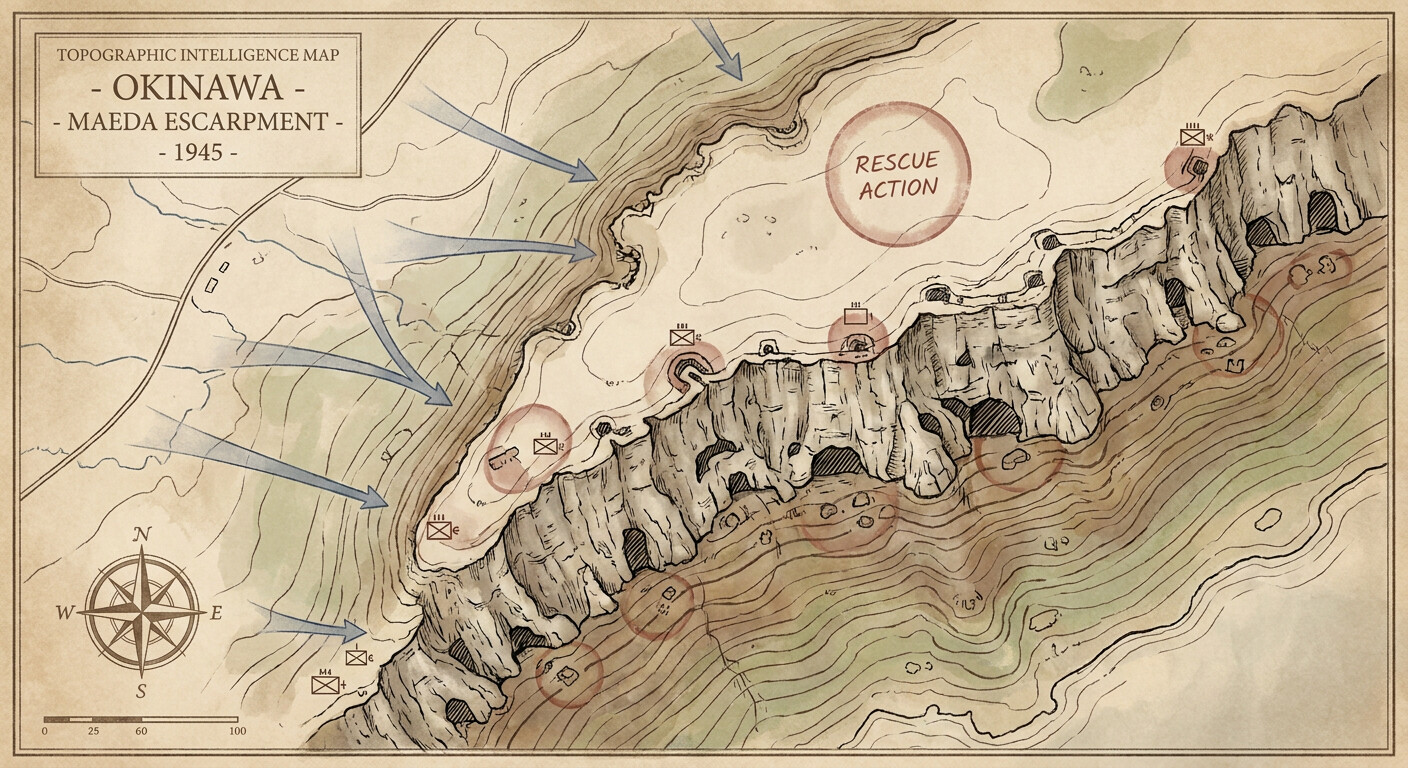 The Maeda Escarpment turned a short distance into a brutal climb under fire.
