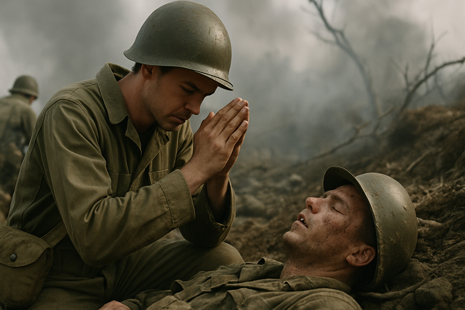 A medic without a weapon works in the open while the fight continues around him.