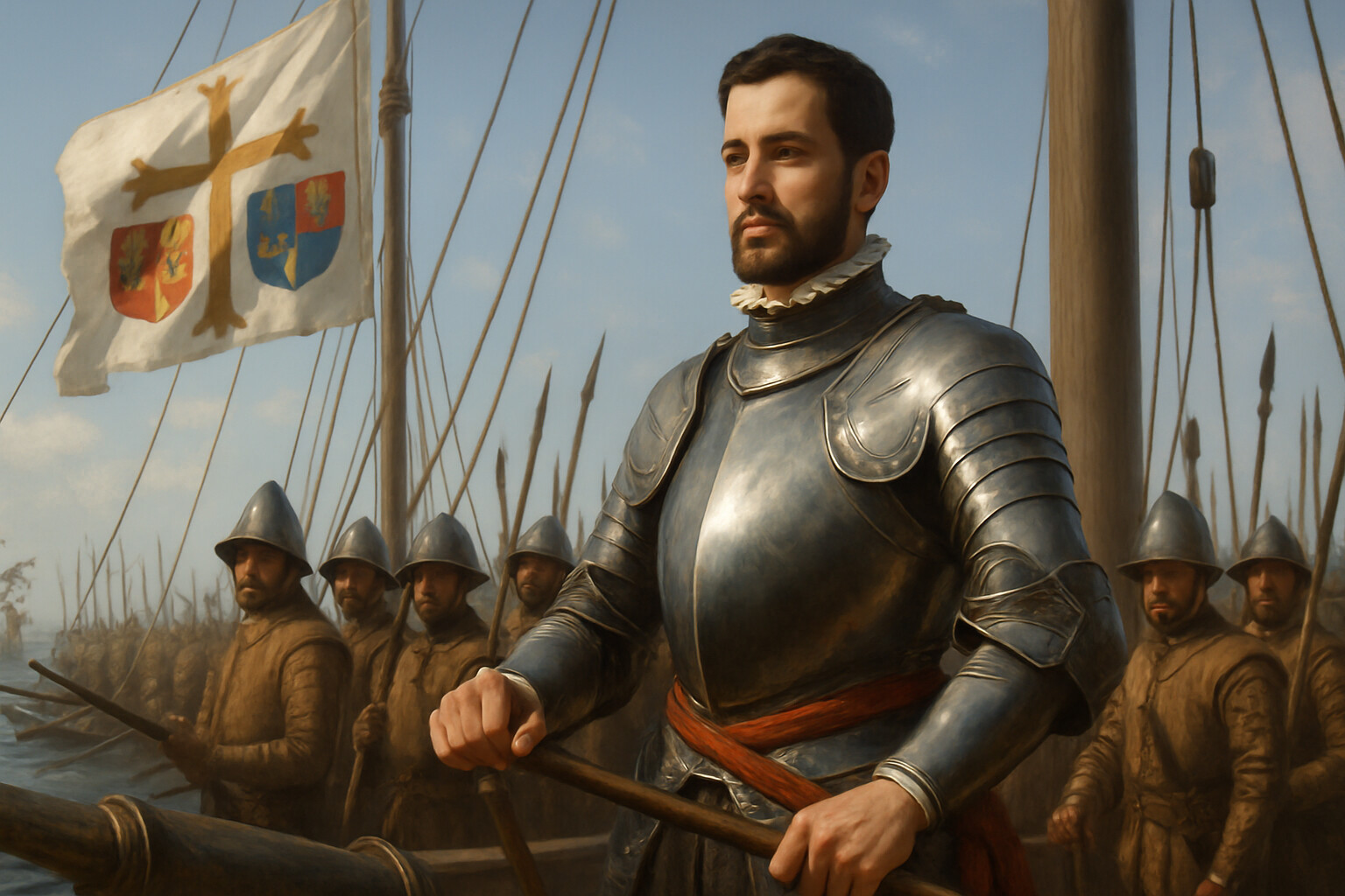 Portrait and introduction: Don Juan of Austria at the bow of his flagship Real, dressed for battle in half-armor, watching the Ottoman fleet advance. His bearing is outwardly composed; the scene conveys personal weight and command responsibility.