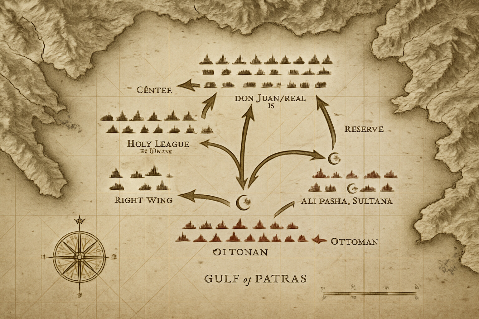Map and tactical overview: an illustrated tactical map showing the two fleets in their opening formation across the gulf, with the galleasses forward and the three wing squadrons labeled.