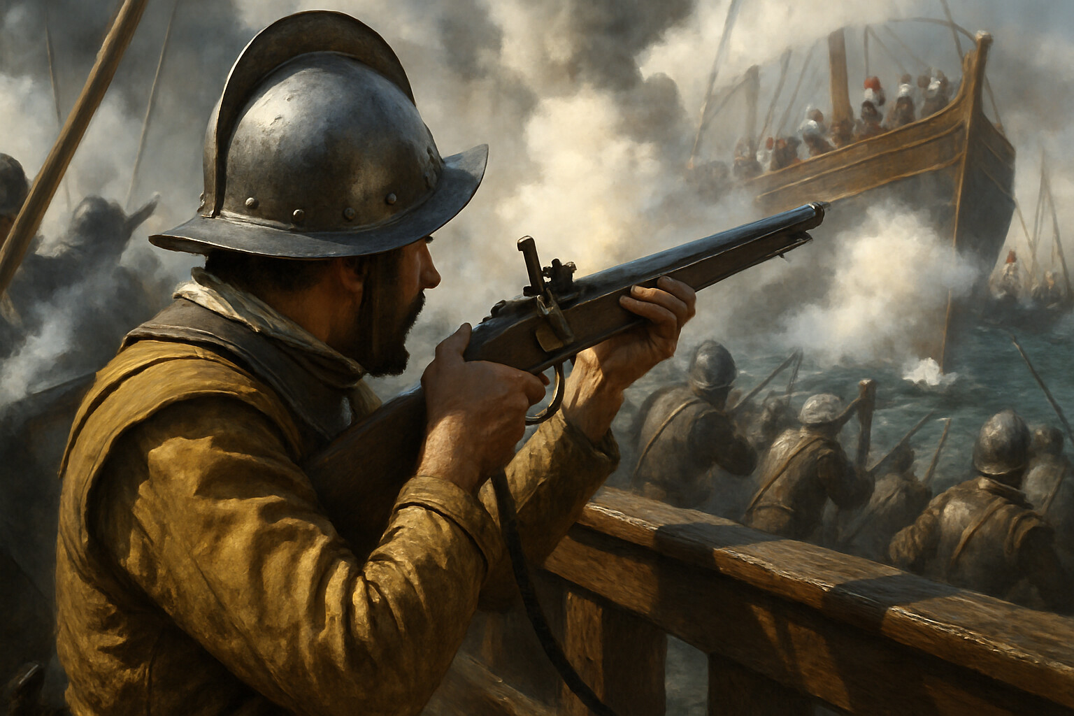 Equipment close-up: a Spanish arquebusier preparing to fire aboard a Holy League galley as the fleets close, showing the weapon, armor, and the chaos of the moment just before boarding action.