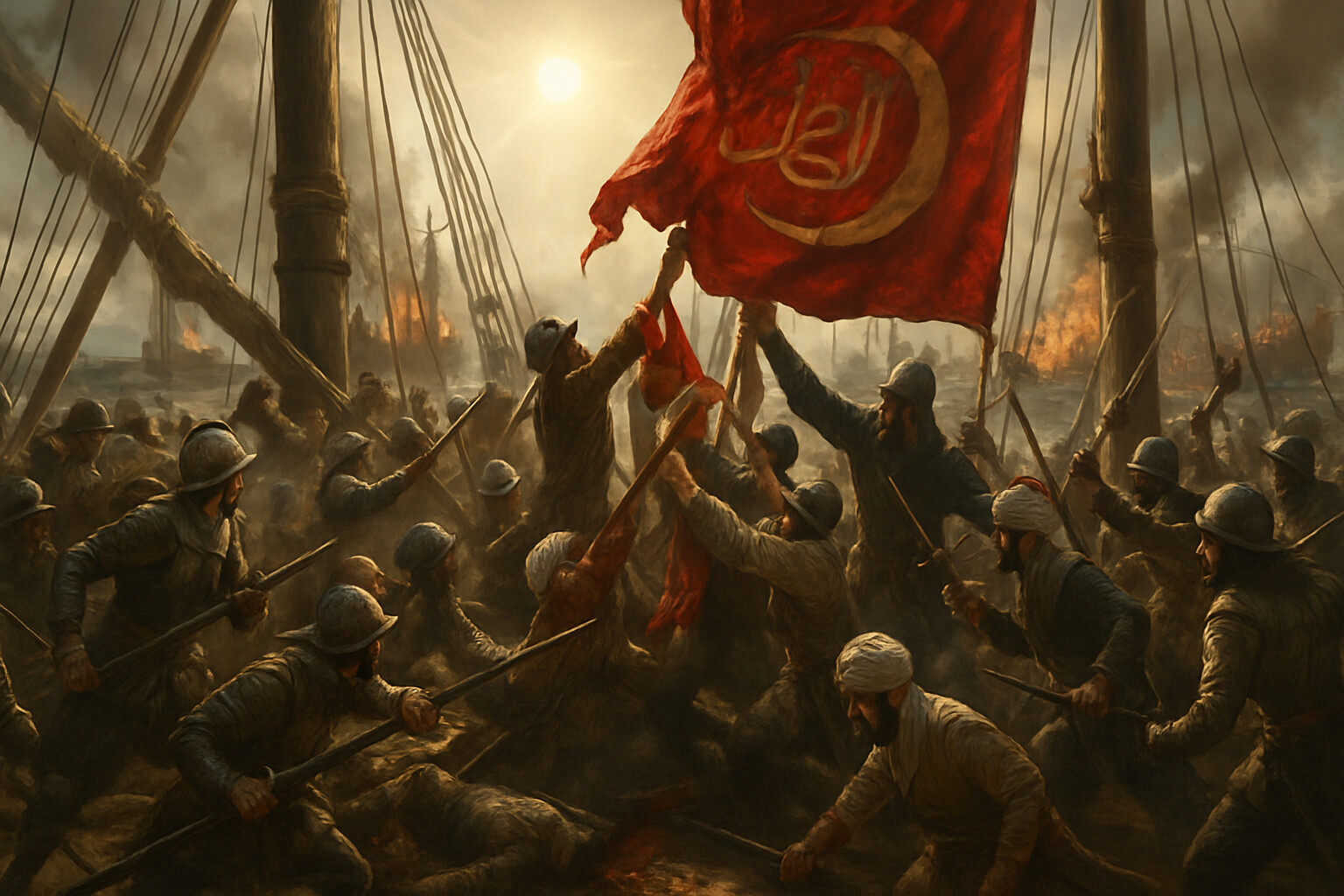 The decisive moment: the boarding fight between the Real and the Sultana at the climax of the center battle, with the Sultana's flag coming down.