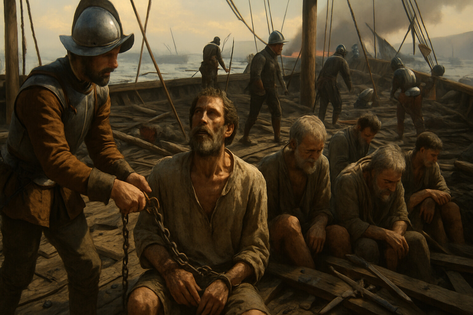 Human aftermath: survivors and liberated galley slaves on the deck of a captured Ottoman galley in the hours after the battle, amid wreckage, bodies, and the strange silence following catastrophic violence.