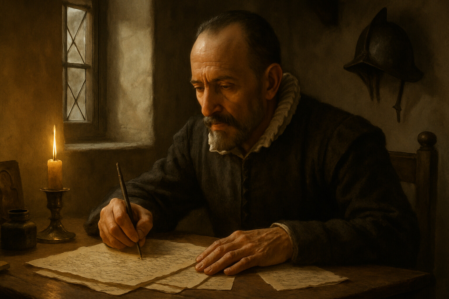 Legacy and record: Miguel de Cervantes, years after Lepanto, sitting at a writing desk with his damaged left hand visible, working on manuscript pages — a connection between the battle and its enduring literary witness.