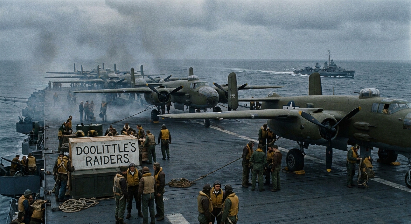 Crews preparing B-25s on USS Hornet