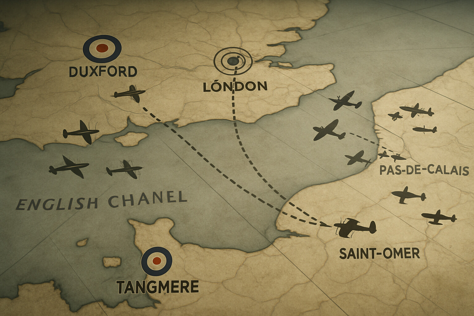 Map/route panel: An overhead illustrated tactical map showing southern England, the Channel, and northern France with Duxford, Tangmere, London, Saint-Omer and the Pas-de-Calais marked, suggesting the sweep routes and defensive vectors of 1940-1941.