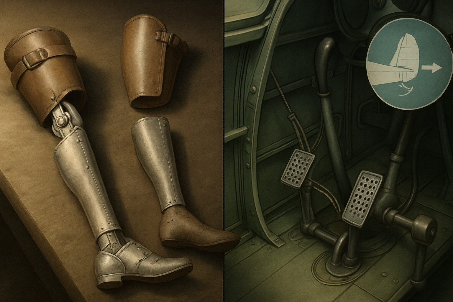 Equipment breakdown panel: A detailed technical illustration of Bader's prosthetic legs alongside the Spitfire cockpit and rudder pedal setup, showing how the artificial limbs interfaced with the aircraft controls.