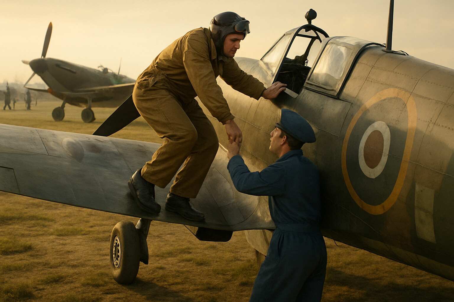 Intimate human scene: A ground crew mechanic helping Bader climb into his Spitfire at Tangmere, 1941. Bader is pulling himself up the wing root using his arms, his mechanical legs visible below his flying overall. The mechanic steadies him without being asked.