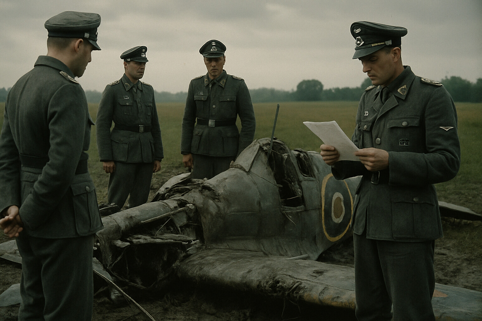 Aftermath/record scene: A German officer at Saint-Omer, 1941, examining Bader's damaged or separated prosthetic leg after the shoot-down, with a formal communication being drafted for the Red Cross requesting a replacement leg from the RAF.