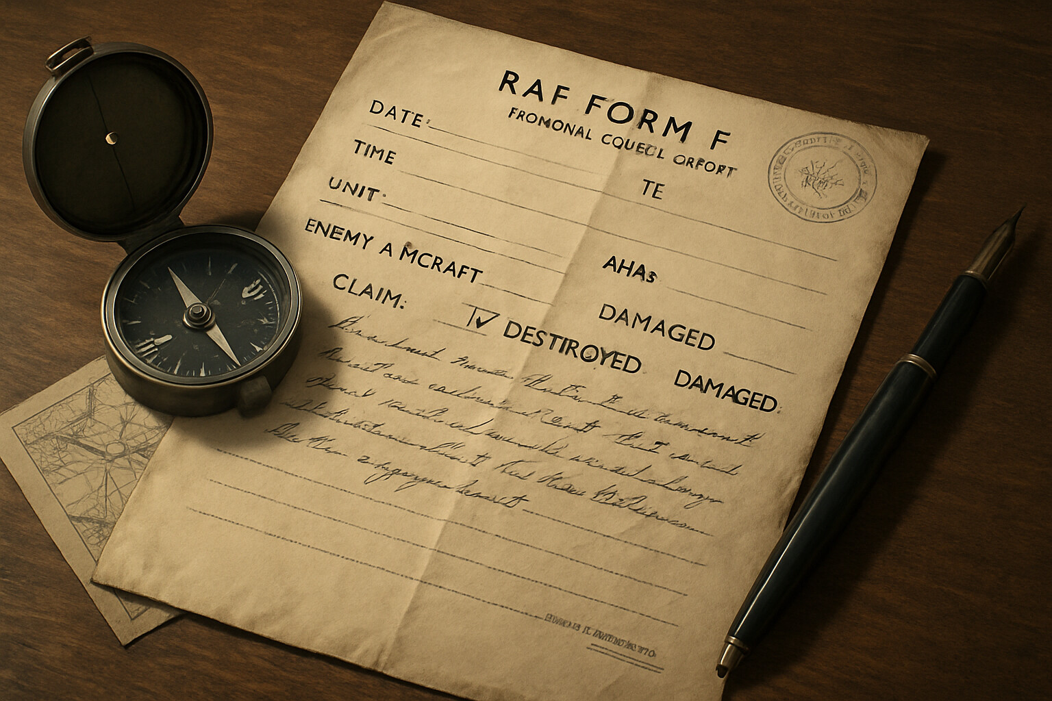 Source/technical diagram panel: A period-style RAF intelligence summary or combat report form, partially completed, showing a pilot's combat claim report from the Battle of Britain period with the documentary caveat that such reports reflect credited claims rather than confirmed kills.