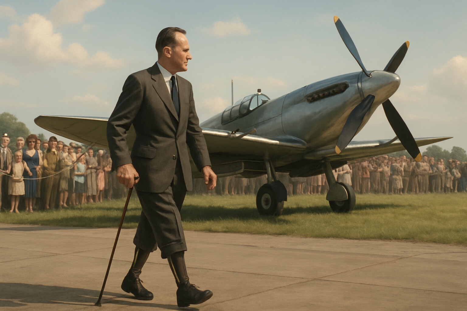 Story-specific legacy panel: Bader walking across the apron at a postwar airshow in the 1950s or 1960s, mechanical legs giving him a slight rolling gait, crowds behind a rope barrier watching. A Spitfire is parked on the grass behind him. He does not perform for the crowd; he walks toward the aircraft.