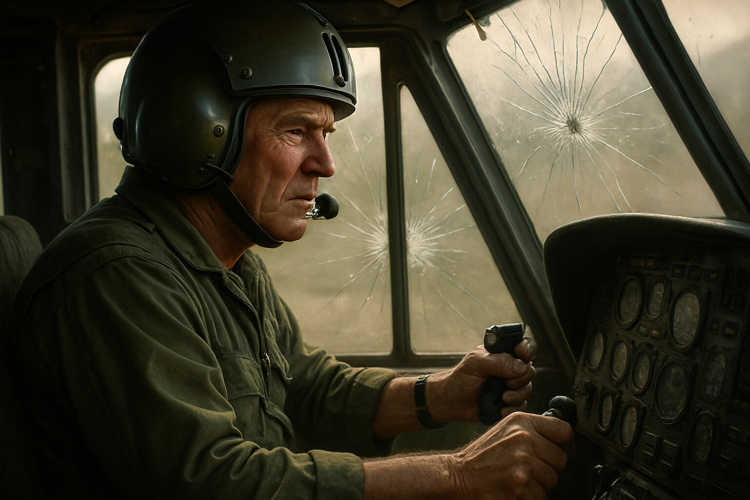 Freeman in the pilot's seat of his Huey, focused and determined, with his hands on the flight controls as bullets crack the windscreen