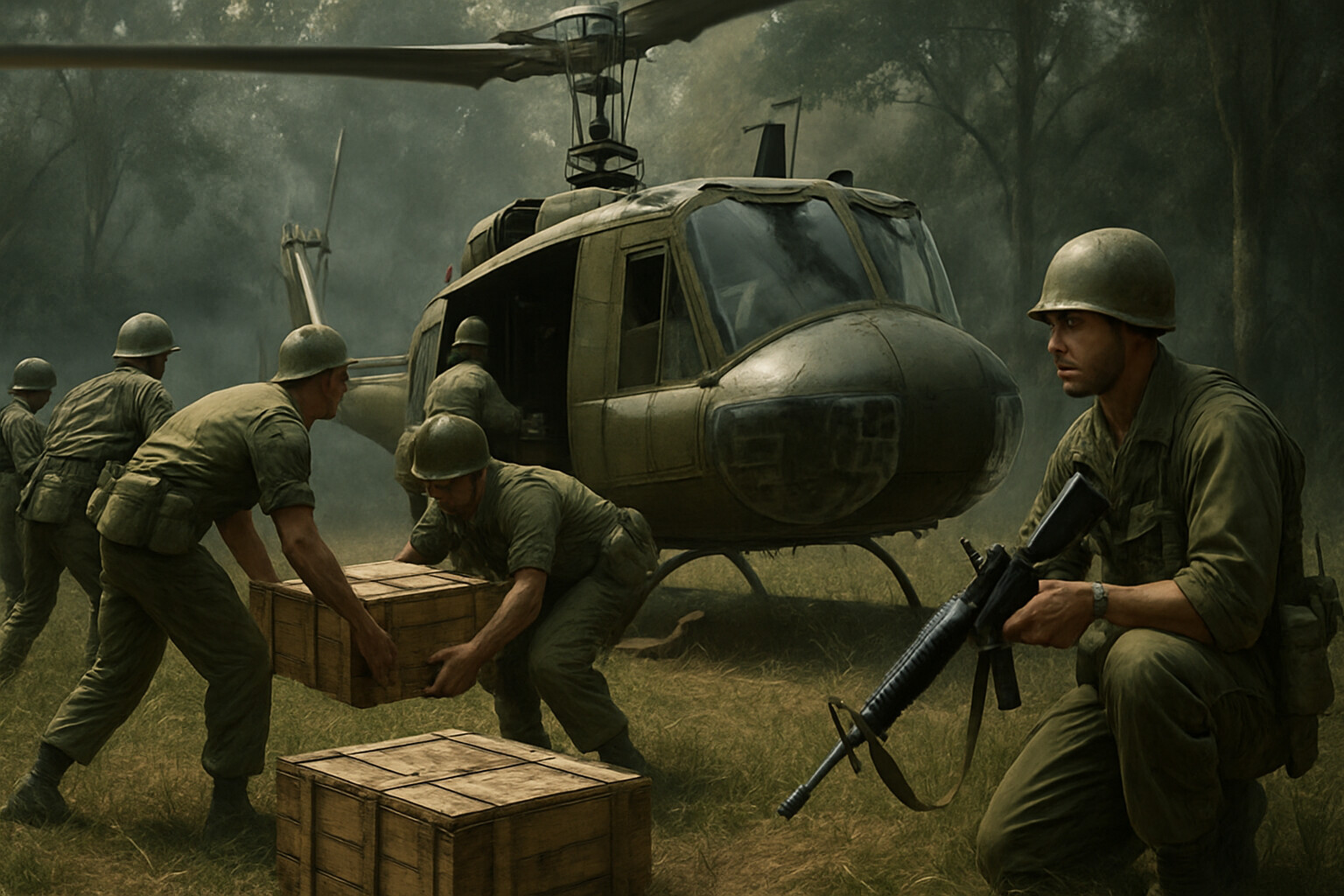 Ground soldiers desperately unloading ammunition cases from Freeman's helicopter while maintaining defensive positions around the landing zone