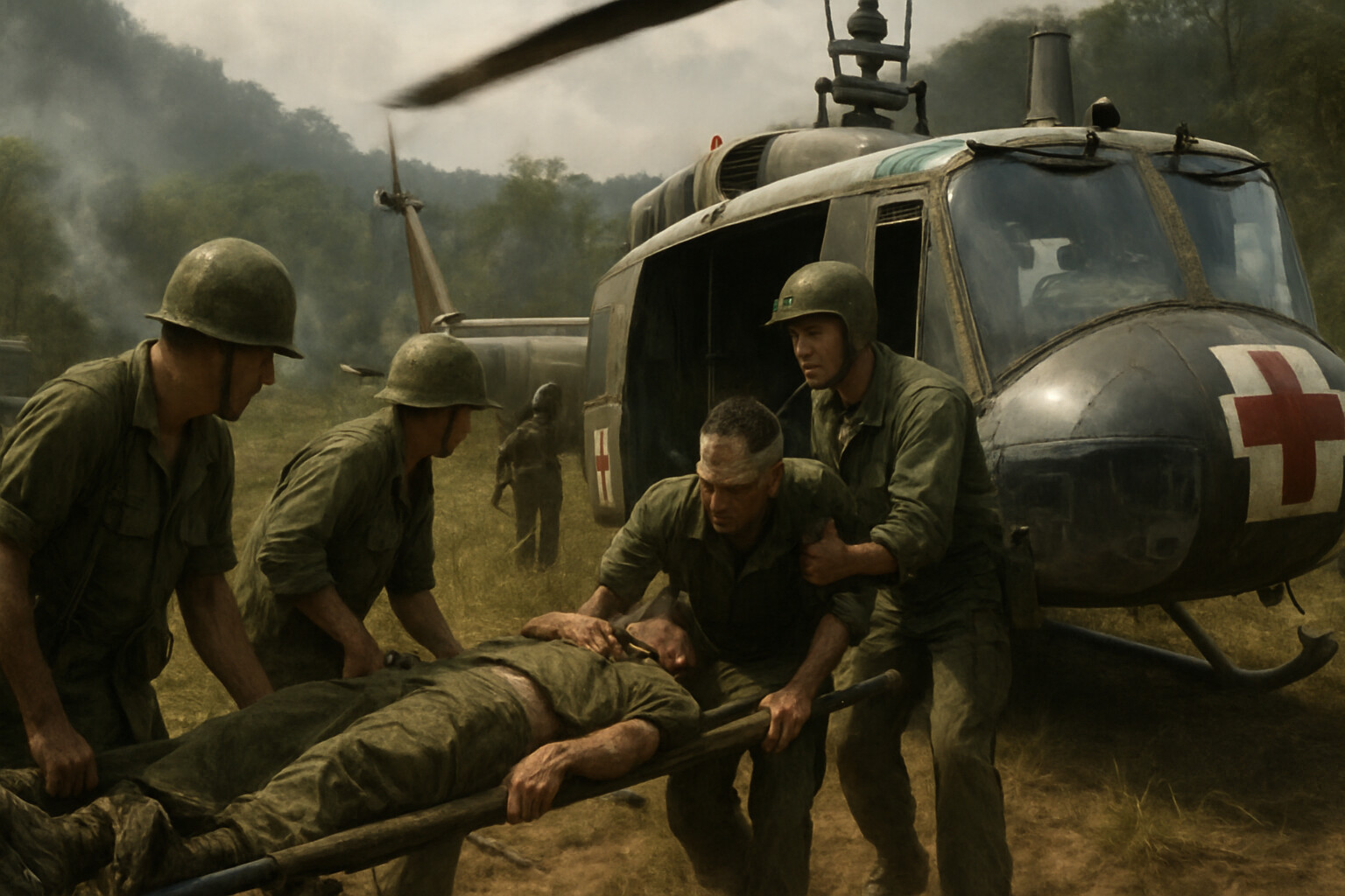 Wounded American soldiers being loaded into Freeman's helicopter, showing the human cost of the battle and the importance of evacuation missions