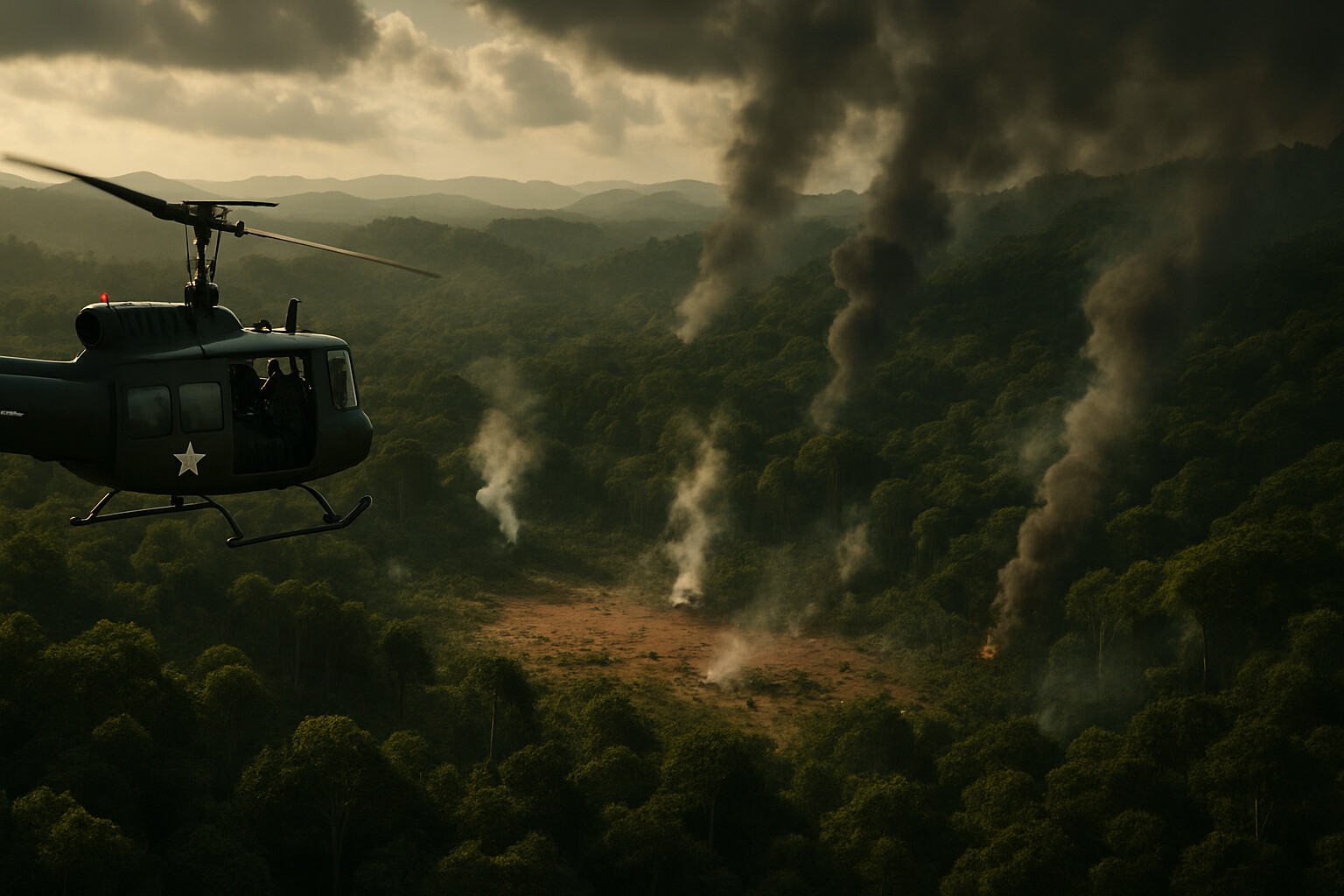 Aerial view of the Ia Drang Valley showing the tactical situation with LZ X-Ray surrounded by North Vietnamese positions in the dense jungle