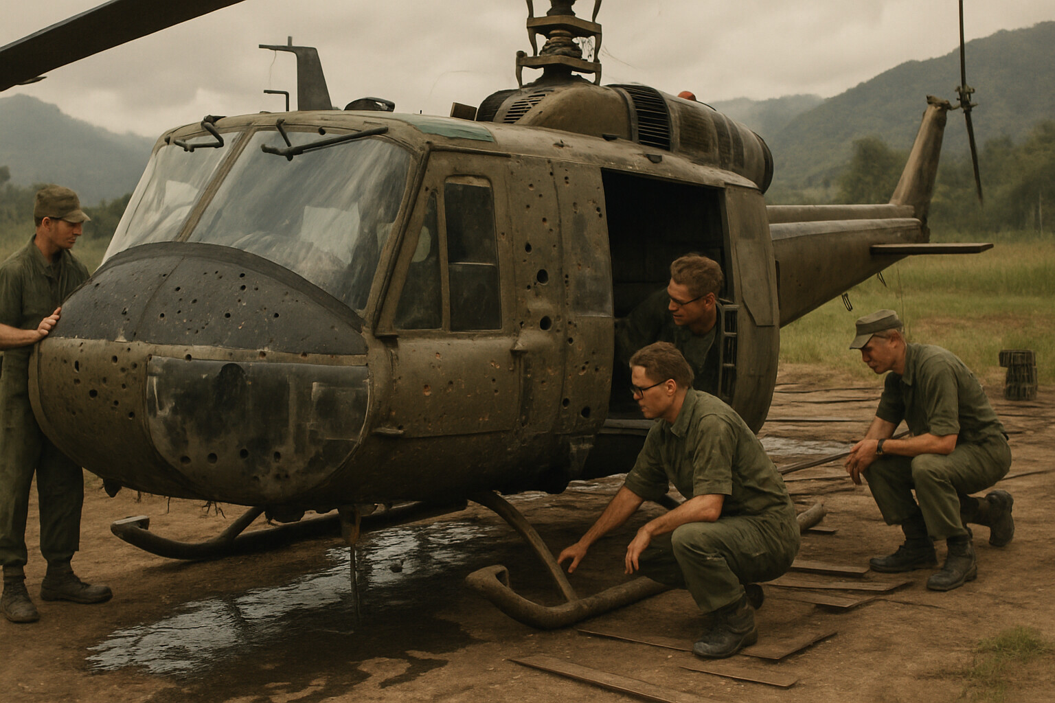 Freeman's battle-damaged helicopter with bullet holes and damaged components, highlighting the risks he took to complete his missions