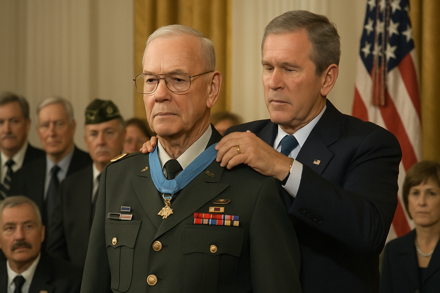 Freeman receiving the Medal of Honor decades later, representing the delayed recognition of his heroic actions at Ia Drang