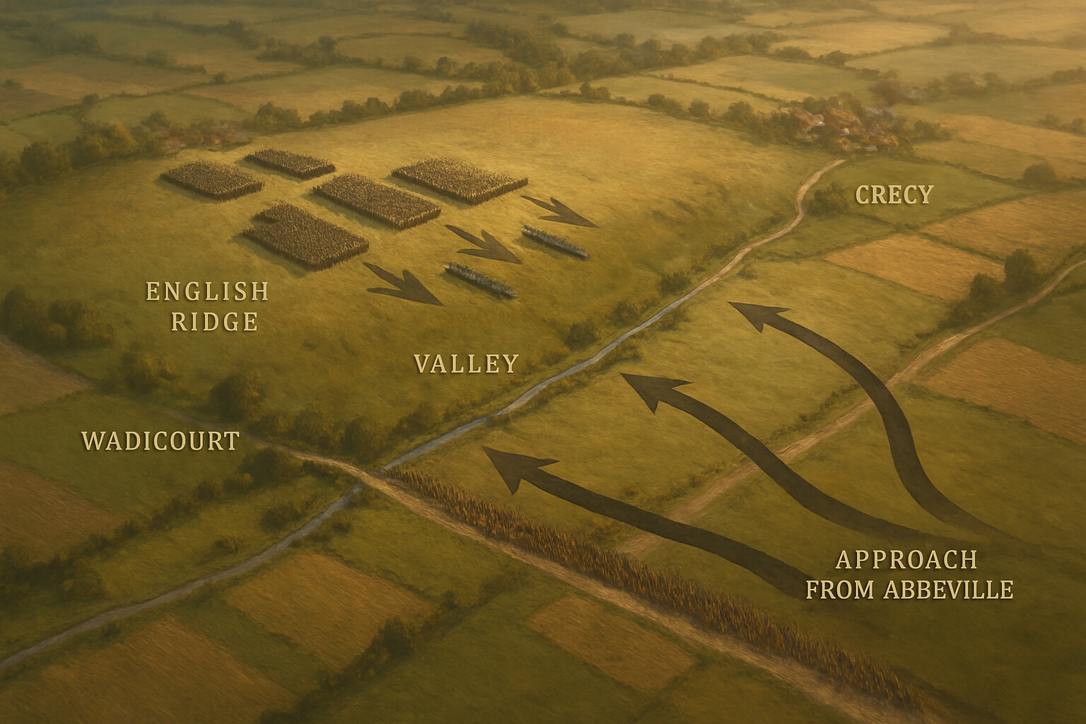 Aerial map-style overview of the Crécy battlefield — the English ridge, the valley, the French approach from Abbeville, and the positions of the three English battles.