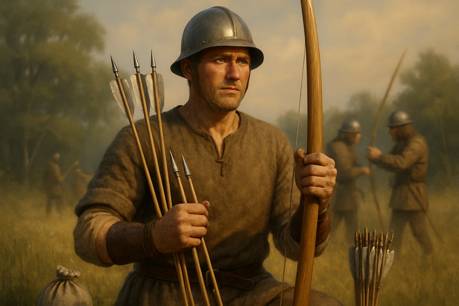 Equipment breakdown — a detailed close-up of an English archer's kit: the war bow, arrows, bracer, shooting glove or tab, and the man behind them.