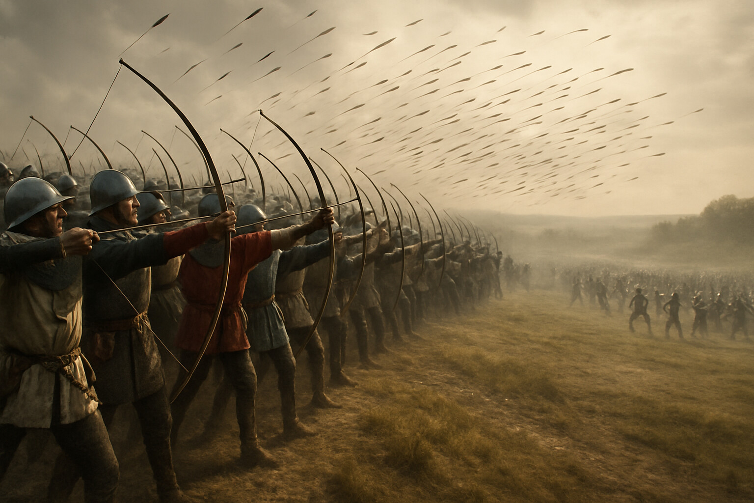 The action peak — the English archers at full draw, releasing simultaneously, the first mass volley descending on the advancing Genoese crossbowmen below.