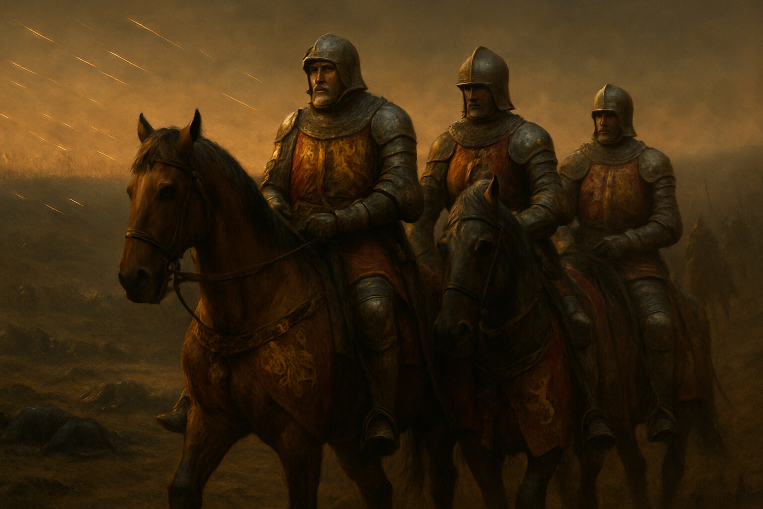 The intimate human scene — John I of Bohemia, blind, on horseback, his knights' reins knotted to his, riding forward into the arrow storm at dusk.